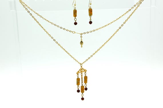 Vintage Sarah Coventry 1975 Taffee Tones Set | Beaded Necklace | Dangle Drop Earrings | Gold Tone | Excellent Condition