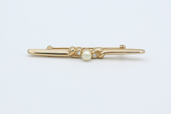1980 Sarah Coventry JACQUELINE Bar Pin Brooch Gold Tone Faux Pearl Rhinestone RARE Vintage 80s