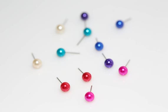 Pearly Stud Earrings Vintage NOS Dainty Shiny Pink Purple Teal Red Blue White
