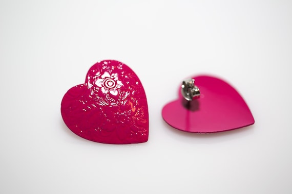 Vintage 1980s Pink Heart Enameled Metal Earrings NOS Large Pierced