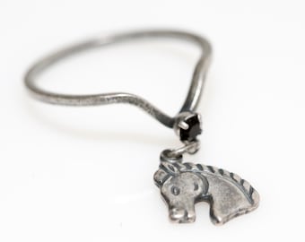 Vintage Silver Tone Horse Charm Ring With Black Rhinestone NOS