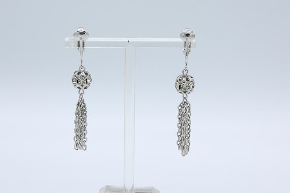 Vintage 1969 Sarah Coventry CHAIN-O-LITES Earrings Silver Tone Rhinestone Tassel Clip On Rare!