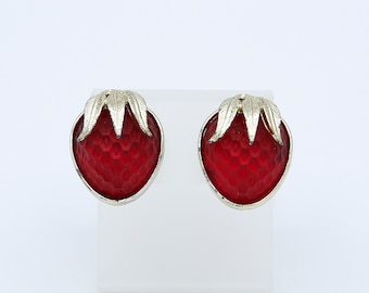 Vintage 1966 Sarah Coventry STRAWBERRY FESTIVAL Earrings Silver Tone Red Clip On Rare!