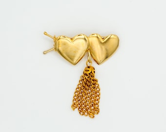 Vintage Gold Tone Double Heart Barrette With Tassel: NOS Hair Clip Accessory