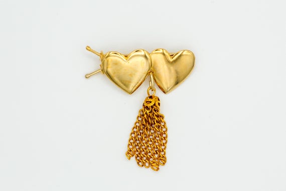 Vintage Gold Tone Double Heart Barrette With Tassel: NOS Hair Clip Accessory