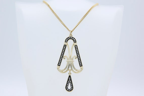 Vintage Sarah Coventry 1975 POLONAISE Necklace Gold Tone Chain Black Rhinestone Triangle Pendant Drop Rare!