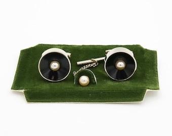 1969 Sarah Coventry SATURN Men's Tie Tac and Cuff Links Set Silver Tone Formal Wear Accessory Vintage Faux Pearl RARE