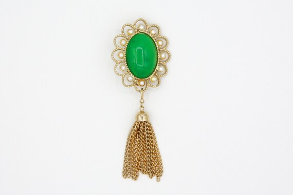 1973 Sarah Coventry MAGIC MOODS Pin Brooch Gold Tone Green Stone RARE G.B. Great Britain Vintage 70s