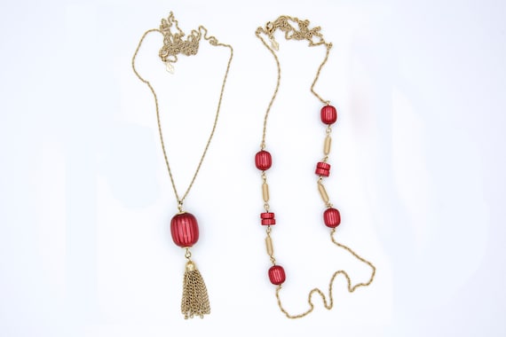 Vintage 1979 Sarah Coventry PRIMROSE Beaded Necklace Set Gold Tone Pink Long Tassel Rare