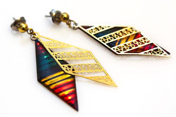 Vintage 80s Rainbow Stripe Earrings NOS Retro 1980s Dangle Earrings Pride Colorful Gold Diamonds