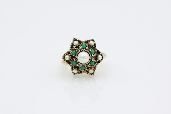 Vintage Sarah Coventry Ring 1969 "Egyptian" RARE Gold Plated Green White Stones