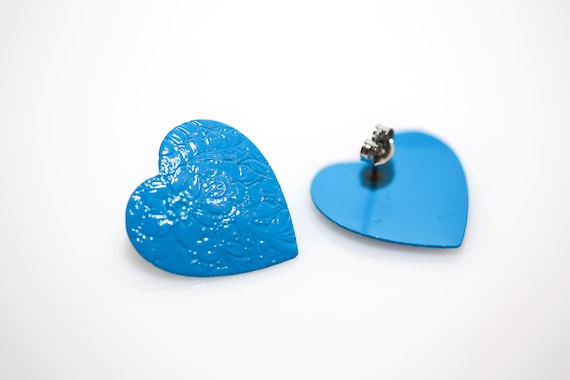 Vintage Blue Heart Enameled Metal Floral Earrings NOS Studs