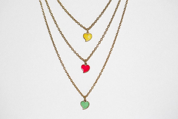 Vintage Colorful Enameled Heart Necklaces NOS Yellow Hot Pink Green Tiny Heart Charm Pendant Gold Tone Chain