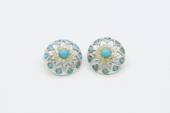 Vintage Sarah Coventry CANADA Silver Tone Clip On Aqua Faux Pearl Stone Earrings Rare!