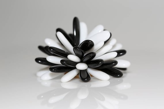 Vintage Blooming Flower Pin Black and White Plastic Beaded