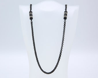 Vintage 1976 Sarah Coventry MYSTIC LADY Beaded Necklace Black Chain Silver Tone Rhinestone Rare