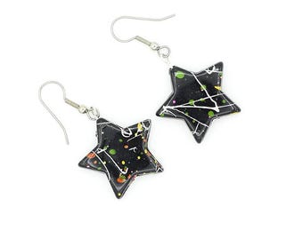Vintage 1980s Splatter Paint Neon Star Dangle Earrings | Rainbow Black Plastic Statement Drops