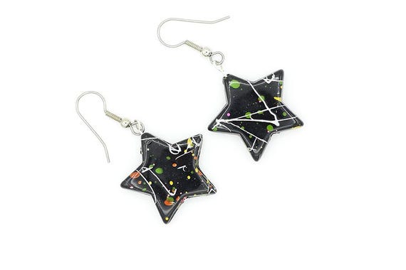 Vintage 1980s Splatter Paint Neon Star Dangle Earrings | Rainbow Black Plastic Statement Drops