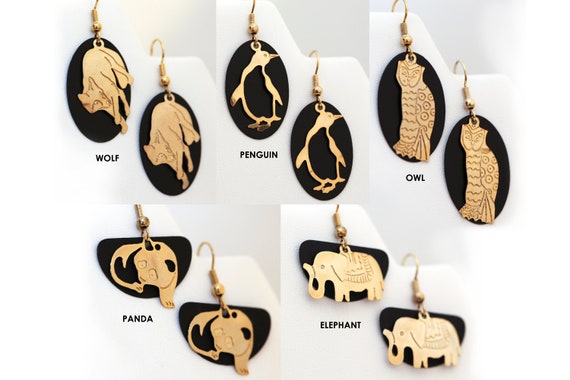 Vintage Black and Gold Animal Earrings Dangle Black Silhouette NOS Penguin Elephant Owl Wolf