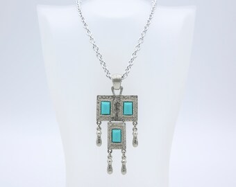 Vintage Sarah Coventry 1971 FOLKLORE Necklace Silver Tone Chain Turquoise Tribal Pendant Drop Rare!