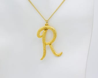 Vintage Large Gold Initial Letter R Pendant Charm Necklace Bling Gold Tone Chain