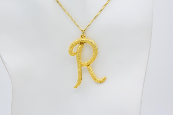 Vintage Large Gold Initial Letter R Pendant Charm Necklace Bling Gold Tone Chain