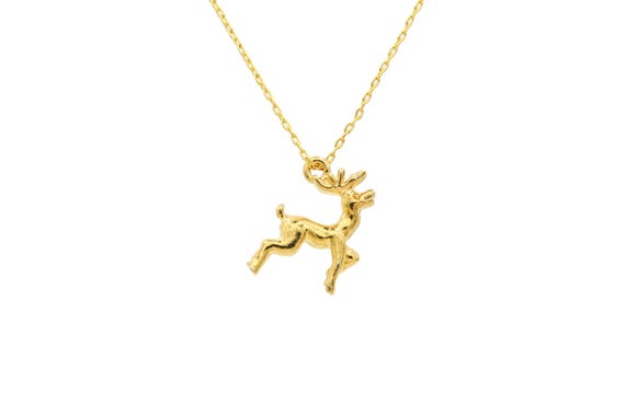 Vintage Gold Tone Reindeer Pendant Necklace: Christmas Holiday 3-D Deer Charm