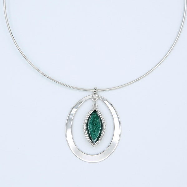 Vintage Sarah Coventry 1975 DANISH MODERN Choker Hoop Wire Necklace Silver Tone Teal Green Pendant Rare!