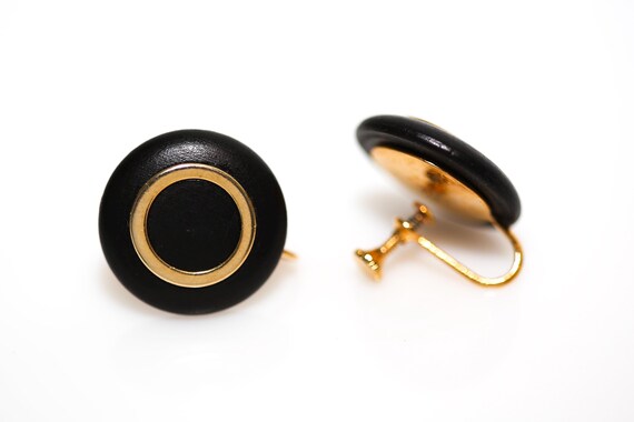 Vintage Nemo Wooden Earrings in Black With Gold Circle Screw Back NOS