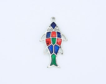 Vintage Sarah Coventry 1971 JEWELFISH Charm Pendant Drop Fish Silver Tone Green Red Blue Enameled Metal Rare!