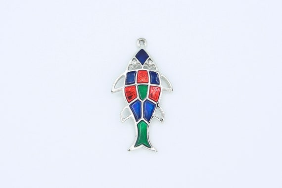 Vintage Sarah Coventry 1971 JEWELFISH Charm Pendant Drop Fish Silver Tone Green Red Blue Enameled Metal Rare!