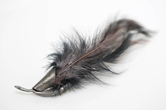 Vintage Silver Tone Genuine Gray Feather Pin Brooch NOS