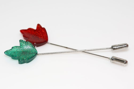 Vintage Sparkle Leaf Stick Pin - NOS Red Green Glitter Leaves Holiday Hat Pin Brooch
