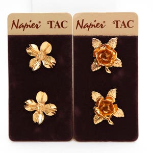 Vintage Napier Gold Tone Floral Brooch Set: Rose & Dogwood Pins (NOS)