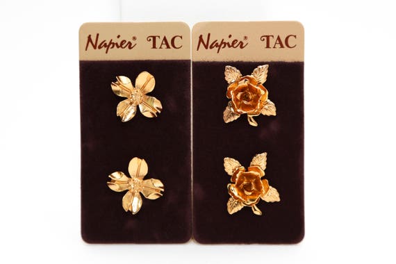 Vintage Napier Scatter Tac Pins NOS Carded Gold Tone Flower Floral Brooch Set Rose Dogwood