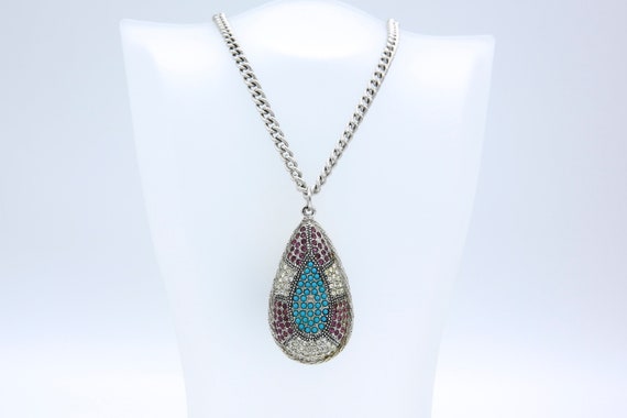 Vintage Sarah Coventry 1972 SHANGRI-LA Necklace Silver Tone Chain Red Rhinestone Turquoise Teardrop Pendant Drop Rare!