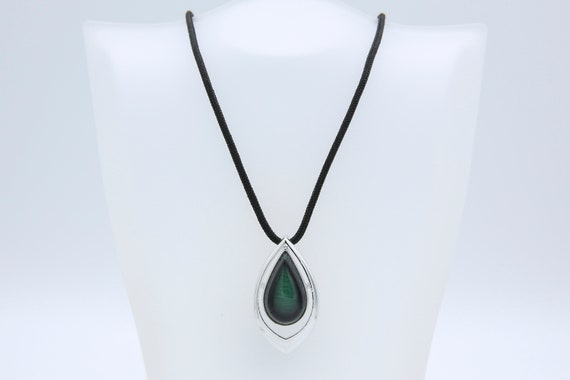 Vintage Sarah Coventry 1978 DEW DROP Necklace Silver Tone Black Silk Cord Teal Blue Green Teardrop Pendant Drop Rare!
