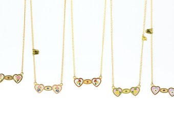 Vintage Enameled Rose Hearts Necklace: Dainty Gold Plated Colorful Flower Charm Pendant