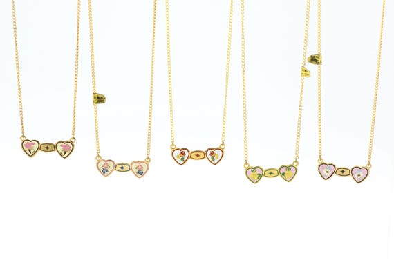Vintage Enameled Rose Hearts Necklace: Dainty Gold Plated Colorful Flower Charm Pendant