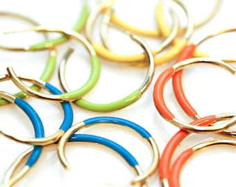 Vintage Multi Colored Gold Hoops NOS Orange Green Yellow Blue Hoop Earrings Pierced