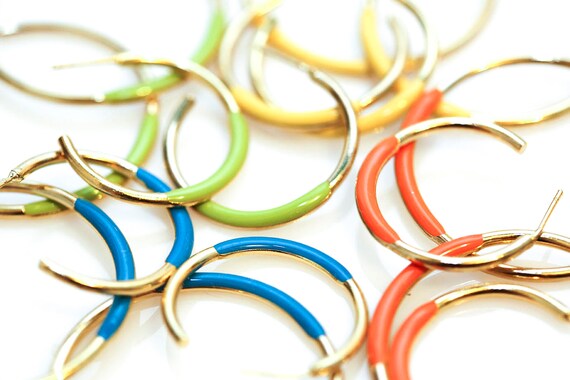 Vintage Multi Colored Gold Hoops NOS Orange Green Yellow Blue Hoop Earrings Pierced