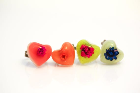 Vintage Resin Heart Rings Adjustable Floral Flower NOS