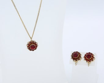 Vintage 1966 Sarah Coventry DEEP BURGUNDY Necklace Earrings Clip-On Red Rhinestone Gold Tone Set RARE
