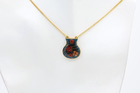 Vintage Enameled Metal Flower Vase Pendant Necklace Gold Plated Chain Medium Blue