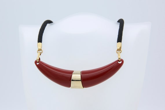 Vintage 1976 Sarah Coventry NEW YORKER Beaded Necklace Cord Gold Tone Black Red Maroon Burgundy Rare