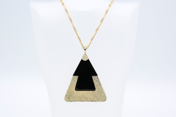 Vintage Sarah Coventry 1975 ENCOUNTER Necklace Gold Tone Chain Black Triangle Pendant Drop Rare!