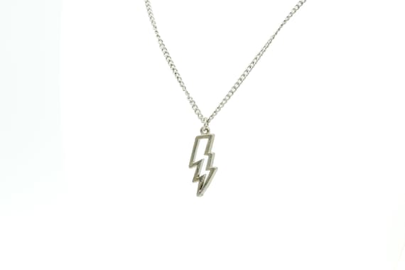 Vintage Lightning Bolt Pendant Necklace: Silver Tone NOS Weather Storm Charm Outline