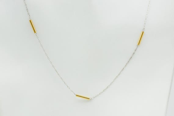Vintage Sterling Silver Dainty Chain Necklace With Gold Tone Bar Beads NOS 925