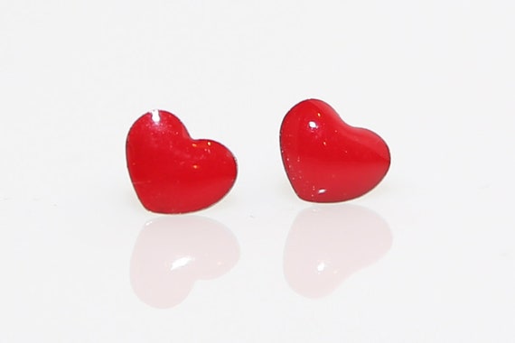 Vintage Tiny Red Heart Stud Earrings NOS Studs Valentine's Day Gift Enameled Metal