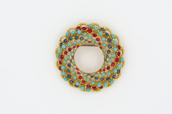 1965 Sarah Coventry "Song of India" Pin Brooch Gold Tone Blue Red Rhinestone RARE Vintage 60s
